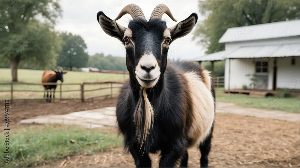 An goat standing on a farm background with farmhouse ranch from Generative AI An goat standing on a farm background with farmhouse ranch from Generative AI