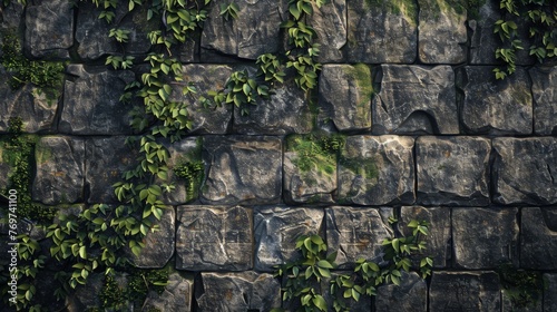 A rough stone wall pattern, reminiscent of the lost cities and ruins, with moss and vine overlays, creating a mysterious and ancient backdrop created with Generative AI Technology