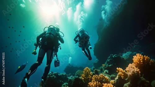 Silhouette of scuba divers in the deep blue sea, Extreme divers in the coral reef, no visible faces, AI Generated photo