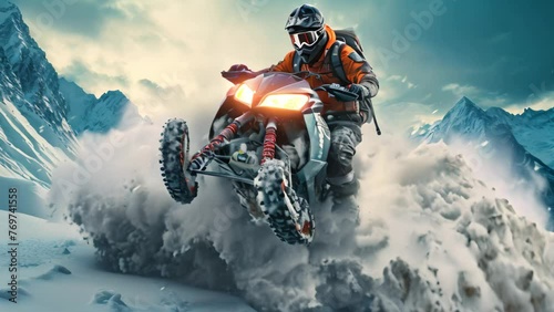 Motocross rider on the piste. Extreme motorcycle race, Extreme rider jumping with a snowmobile on the snow, face covered with a helmet, AI Generated photo