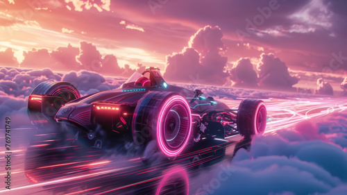 Futuristic neon racer speeding on a track suspended in the clouds