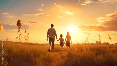 Silhouette of father and daughter walking in the field at sunset, Family walking on a field nature togetherness concept, AI Generated photo