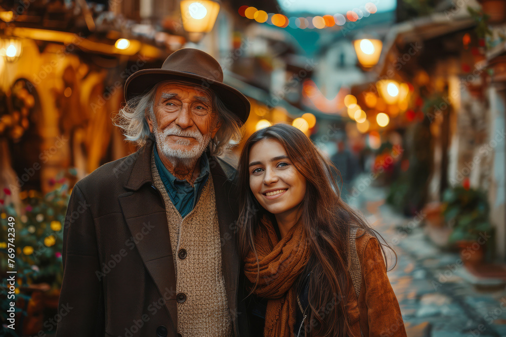 An elderly man with his cheerful daughter strolling through a street of an European village in the evening. Happy family moments in vacation, travel around the world