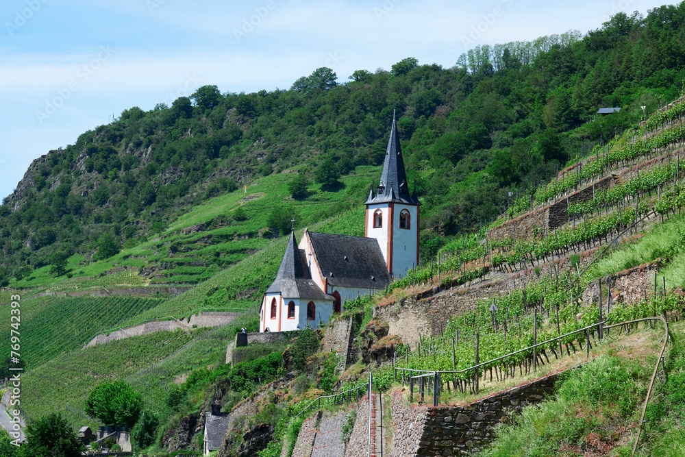 Picturesque church situated on the side of a hill near the Mosel river in Germany.
