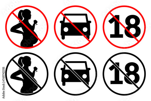 Prohibition sign Of Pregnant Woman Drinking Alcohol, no 18, no drive. Vector icon set for alcohol bottle of cognac