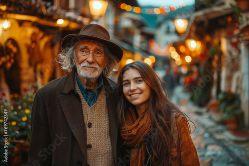 An elderly man with his cheerful daughter strolling through a street of an European village in the evening. Happy family moments in vacation  travel around the world