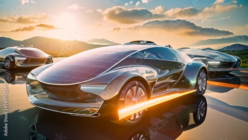 An image of a sleek car of the future featuring solar panels on its roof, harnessing the power of the sun for energy, Future cars running on solar energy with solar panels, eco-friendly, AI Generated photo