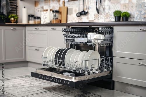 Modern kitchen with white used dishes ready to be washed in electronic dishwasher appliance