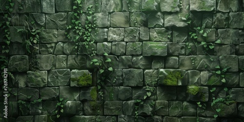 A rough stone wall pattern, reminiscent of the lost cities and ruins, with moss and vine overlays, creating a mysterious and ancient backdrop created with Generative AI Technology #769742911