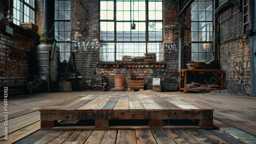 Vintage wooden crate podium in an old warehouse, ideal for artisanal products photo