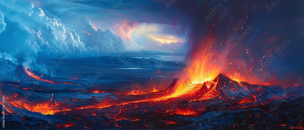 Volcanic landscape, oil painted, lava flow, dramatic evening, telephoto shot.