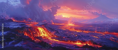 Volcanic landscape, oil painted, lava flow, dramatic evening, telephoto shot.