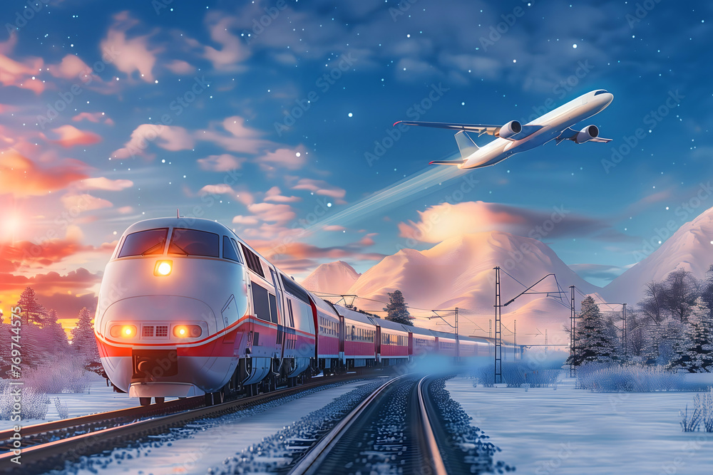 View railway track and suburban electric train rushing to the departure area airfield. Passenger plane flying in sky,mountain snow winter. Concept of modern infrastructure transport travel. - obrazy, fototapety, plakaty 