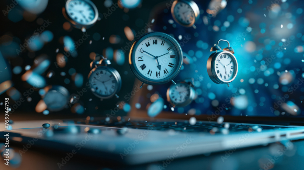 Fototapeta premium Surreal image of time flexibility in freelancing, clocks floating over a laptop