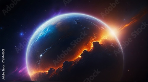 Space Planet with Earth, Sun, and Moon on galaxy