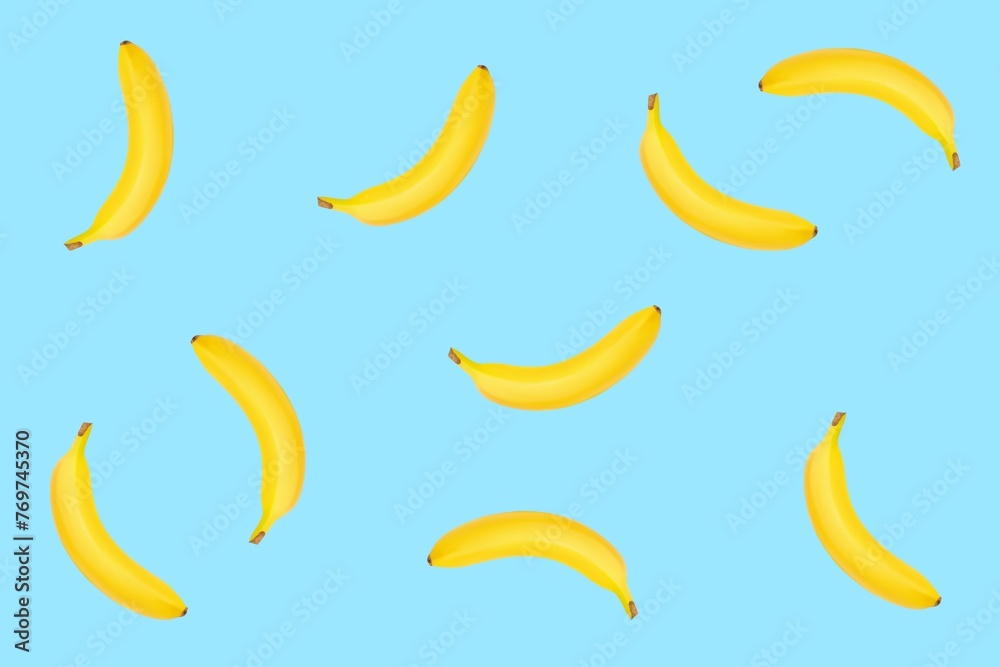 Set of yellow ripe bananas isolated on a bright blue background