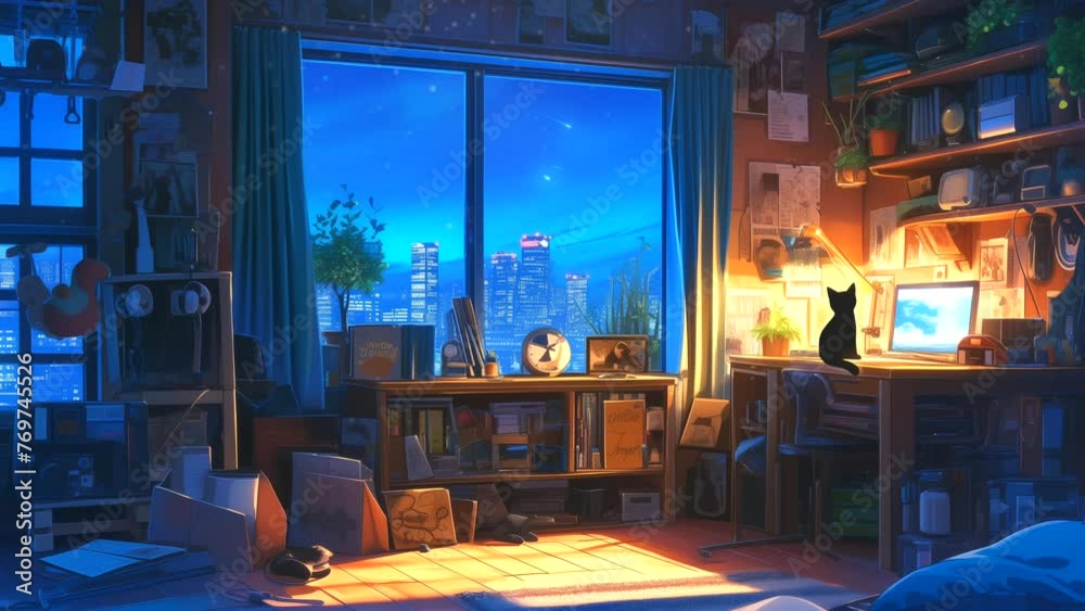 Lofi cozy room with city view at night. seamless looping 4k time-lapse animation video background