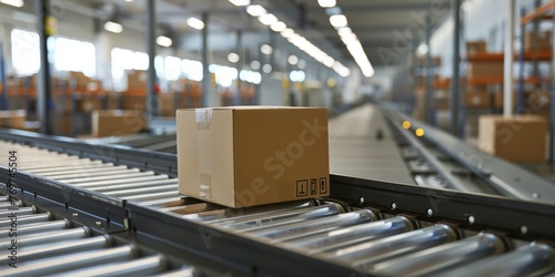 A cardboard box is on a conveyor belt in a warehouse