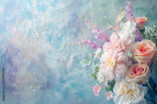 Beautiful bouquet of assorted flowers on soft background with open space for text
