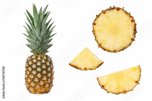 Closeup of tasty sliced pineapples isolated on white background