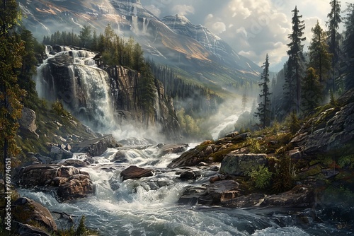 Scenic waterfalls and rapids in enchanting forest gorges amidst majestic mountains photo
