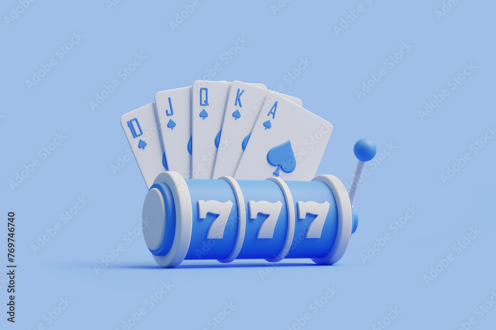 An ace-high royal flush in spades displayed with a blue slot machine showing the winning number 777. 3D render illustration - obrazy, fototapety, plakaty 