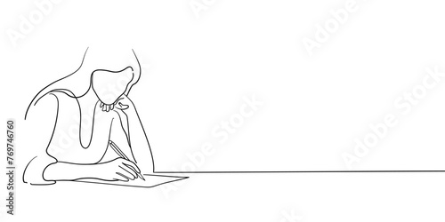 Girl writes a letter sitting at the table, continuous line art drawing isolated on white background. Complete a form. Outline, minimal, black and white. Vector illustratio