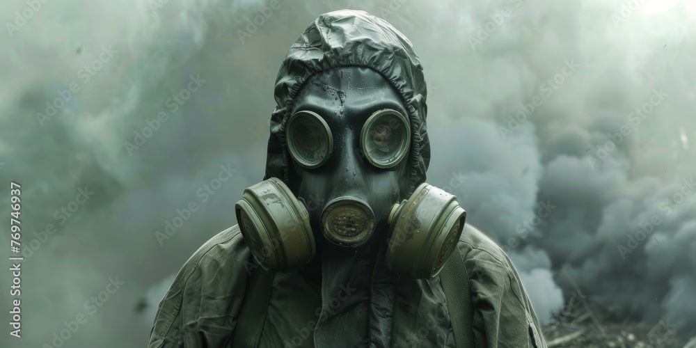 A man in a gas mask is standing in front of a cloud of smoke