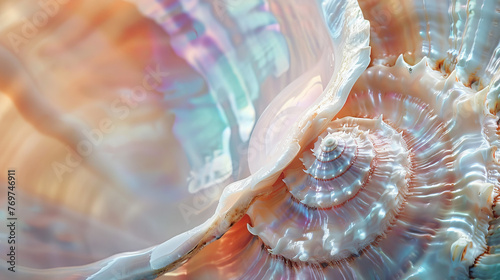 This image captures the delicate details of a spiral seashell with gentle hues and intricate textures, conveying a calm simplicity