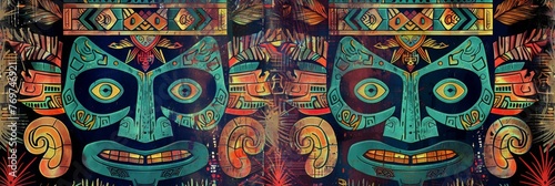 Textured tribal mask pattern, featuring the protective spirit Aku Aku, with their intricate designs and mystical aura, set against backdrop of Polynesian motifs created with Generative AI Technology 