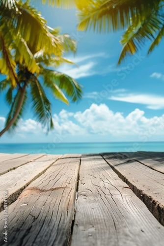 Tropical beach background with palm tree and empty wooden, Summer. vertical