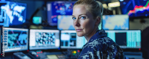 Portrait of female security guard looking at camera while standing in surveillance room 