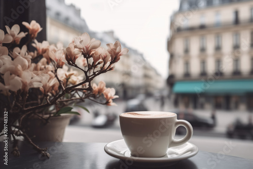 Cup of Coffee on a terrace at a Paris Cafe in the Spring. Coffee and Flowers in charming cozy Coffee Shop outdoor. Morning Cappuccino and romantic atmosphere of an old France or European city