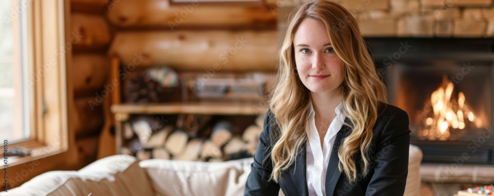 Portrait of young businesswoman in front of fireplace at home.
