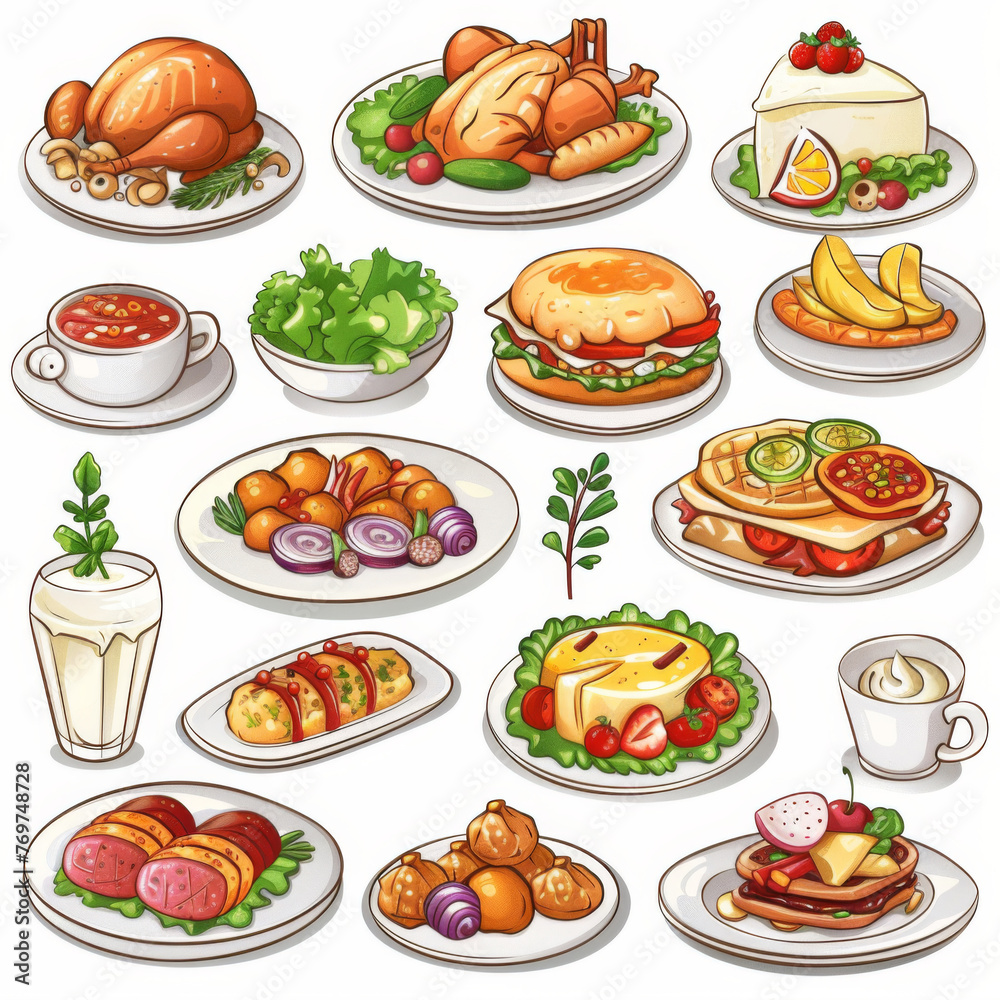A variety of cartoon food illustrations, from roasted chicken to cheesecake, perfect for menus or food apps.