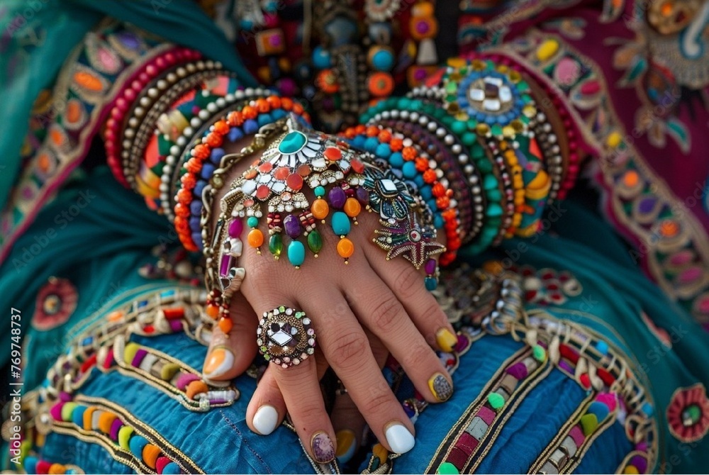 Stunning high-resolution photographs of women's hands of different nationalities with jewelry characteristic of each nation.Jewelry