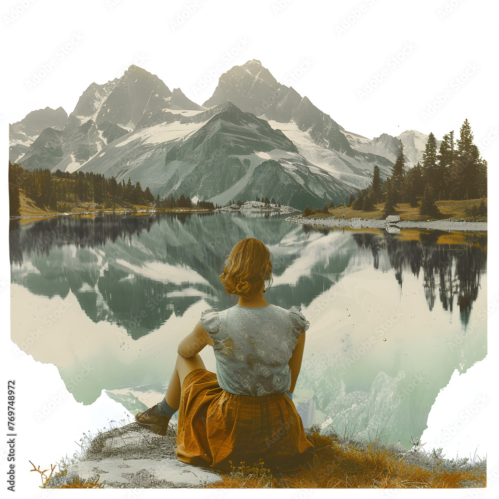 A woman enjoying a quiet moment of reflection by a mountain lake isolated on white background, vintage, png
