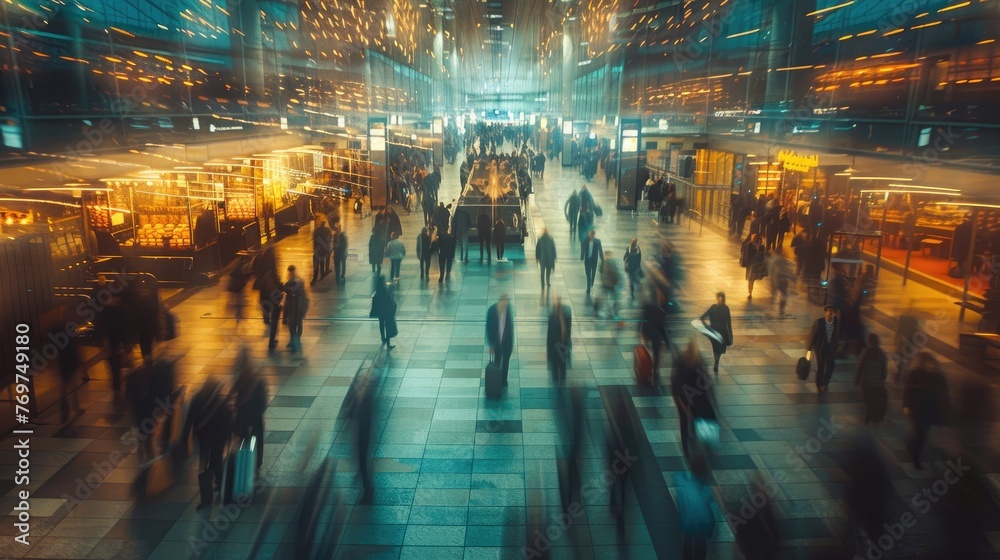 view of a busy crowded place with people walking in hurry being late in urban setting, motion blur, time management concept, late for work concept