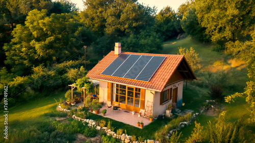 House with solar panels, environmental ecology, renewable energy, the future of energy