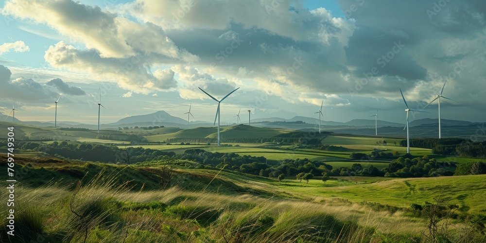 A field of windmills is seen in the distance - obrazy, fototapety, plakaty 