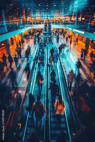 view of a busy crowded place with people walking in hurry being late in urban setting, motion blur, time management concept, late for work concept photo