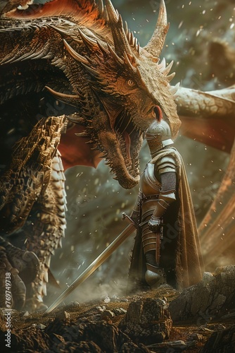A knight in shining armor conversing with a dragon, metaphor for negotiating and leading amidst formidable challenges