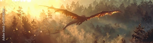 Dragon, scales, majestic creature, flying over a mystical forest, fog creeping through the trees, 3D render, golden hour, Lens Flare