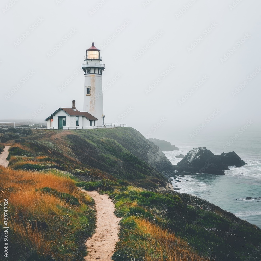 a lighthouse on a hill by the ocean