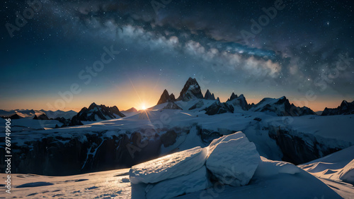 An icy landscape under the glow of an alien sun, with frozen mountains and rocky terrain.
