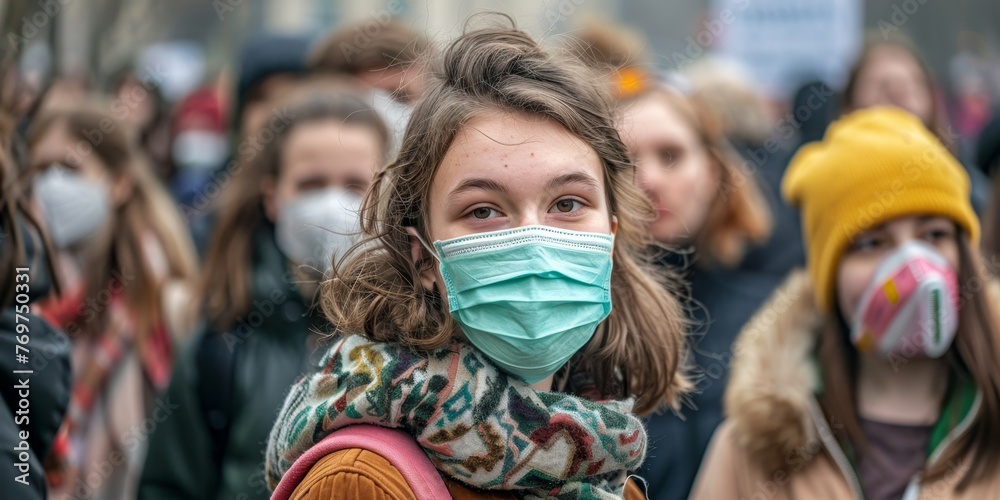 A woman wearing a mask and scarf stands in a crowd of people