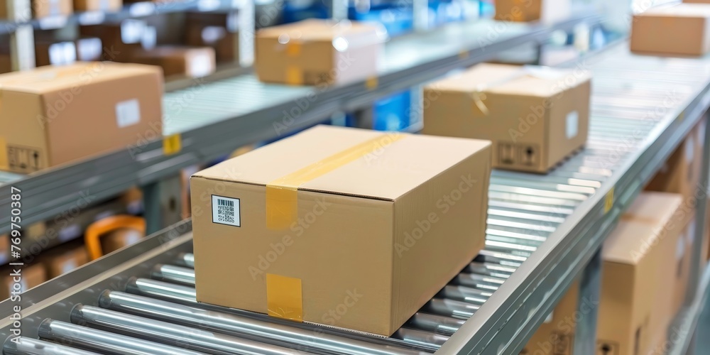 A conveyor belt with boxes on it A conveyor belt with boxes on it