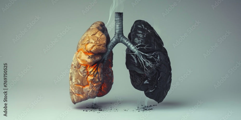 A black and white image of a lung with a black and red section - obrazy, fototapety, plakaty 