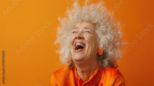 Photo of a old lady with curly hair is laughing with an orange background, in the style of meticulous realism, detailed character illustrations, dreamcore, surreal, absurd 