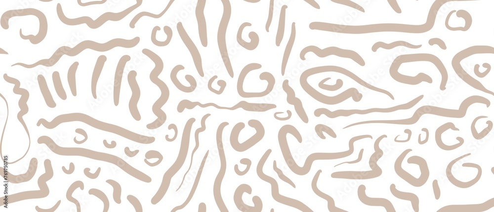 Fototapeta premium Seamless abstract pattern. Simple background with beige, white texture. Lines, stains, dots. Digital brush strokes background. Design for textile fabrics, wrapping paper, background, wallpaper, cover.